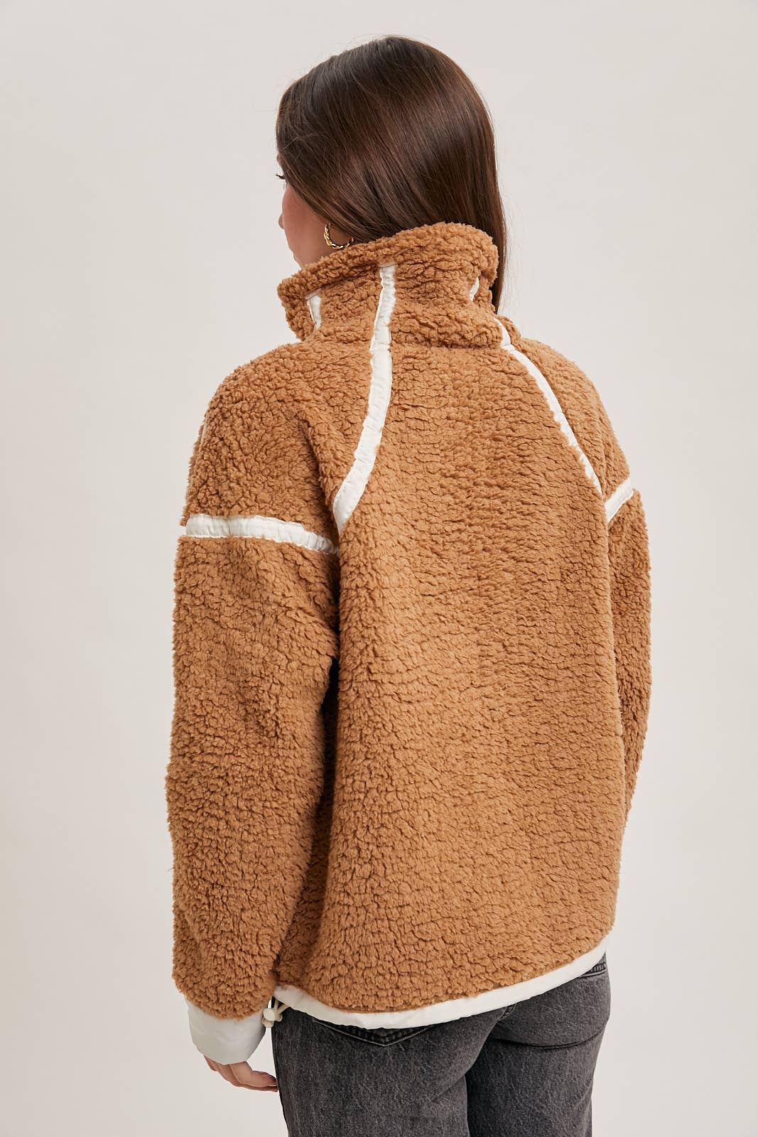 HALF ZIP CONTRAST SHERPA FLEECE TOP WITH POCKETS