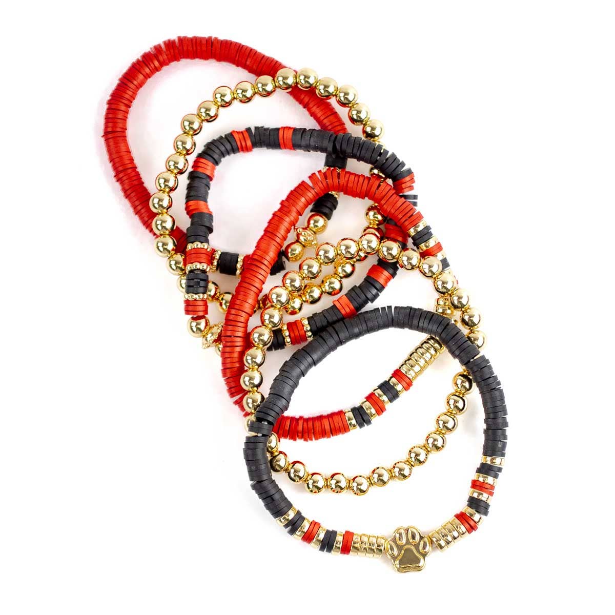 Paw Print Bead Bracelet Stack   Red/Black/Gold   7"