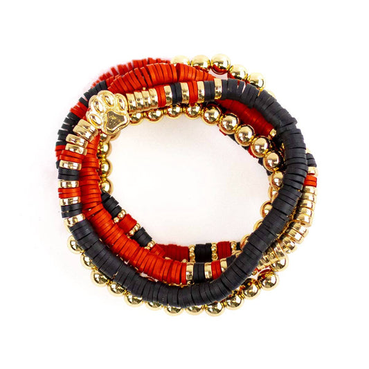 Paw Print Bead Bracelet Stack   Red/Black/Gold   7"