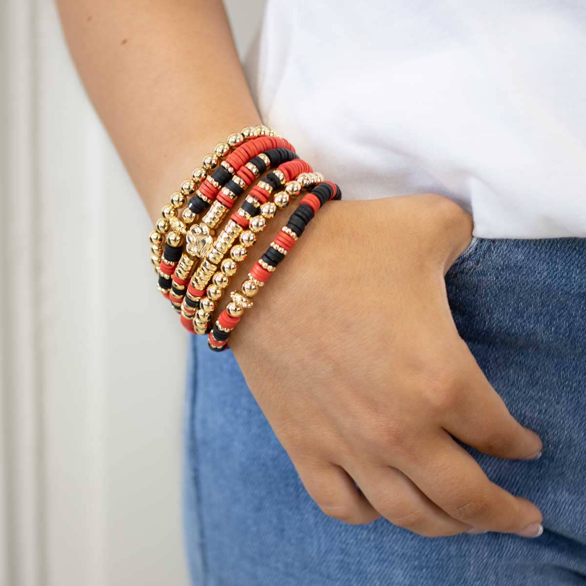 Paw Print Bead Bracelet Stack   Red/Black/Gold   7"