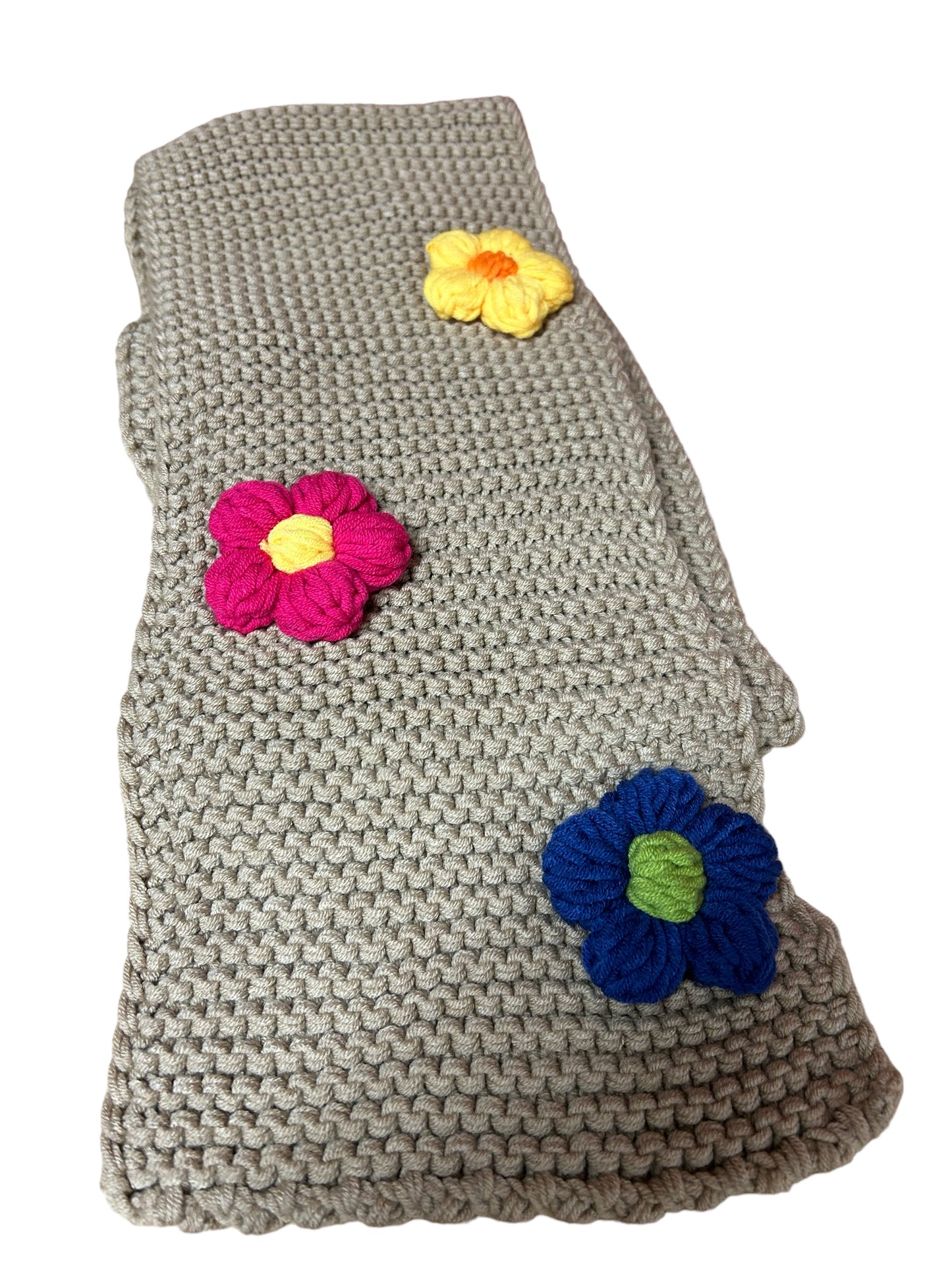 Mocha Crochet Scarf with Multicolor Flowers