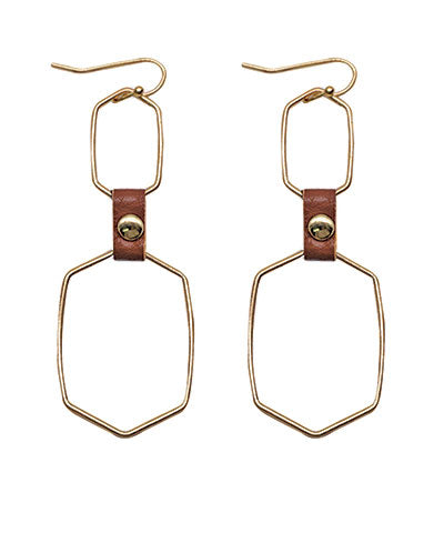 Geometric Hexagon Hanging Earrings with Leather Connector on