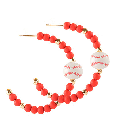 Red/Gold Beaded Hoop Earrings with Baseball