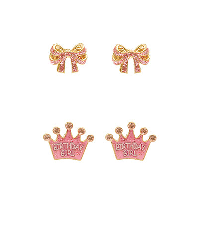Happy Birthday Crown and Pink Bow Stud Earring Set
