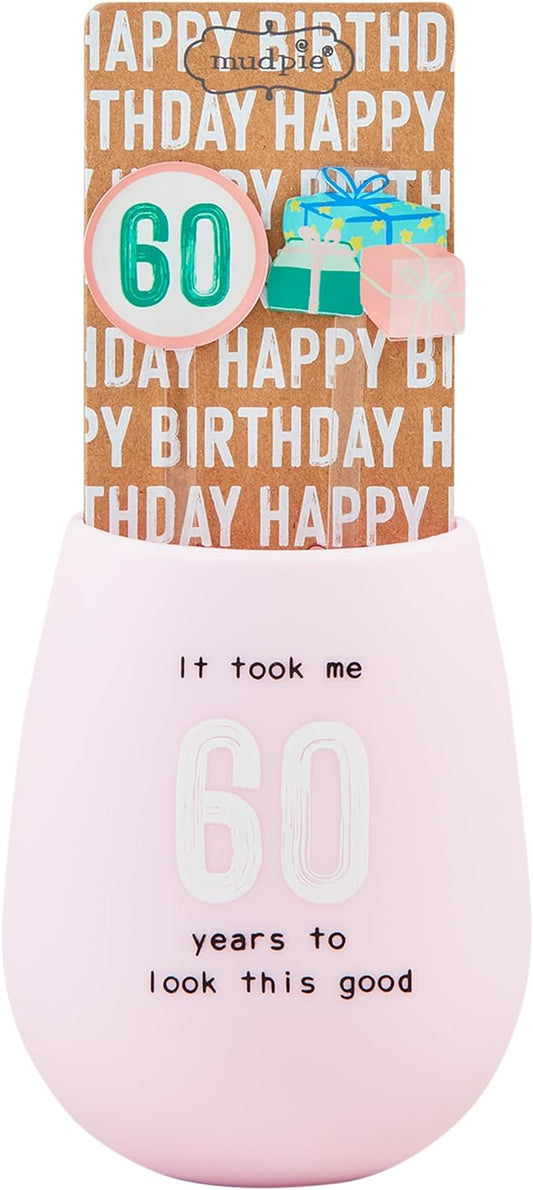 Mud Pie 60 Birthday Silicone Wine Set, glass 12 oz | stirrer 6", PINK