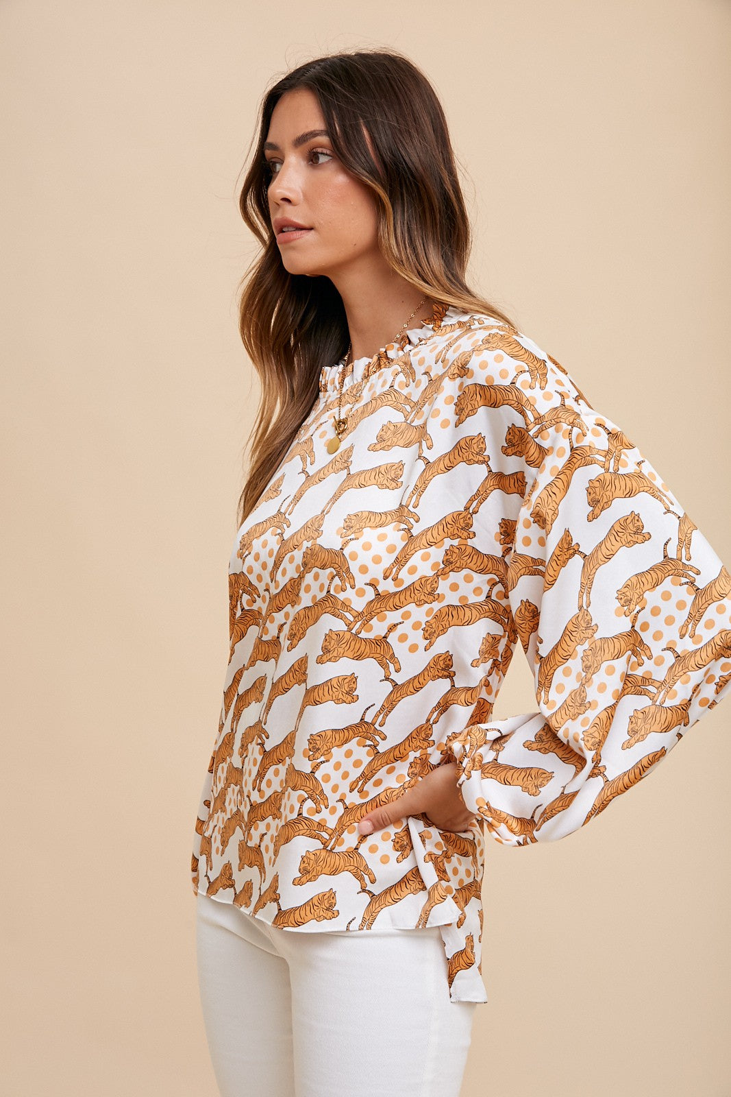 TIGER PRINTED HALF NECK FRILL WOVEN BLOUSE TOP