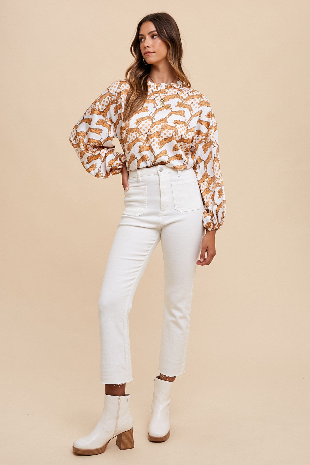 TIGER PRINTED HALF NECK FRILL WOVEN BLOUSE TOP