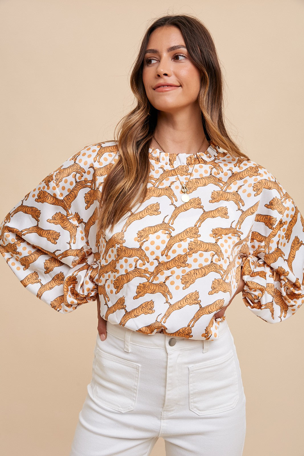 TIGER PRINTED HALF NECK FRILL WOVEN BLOUSE TOP