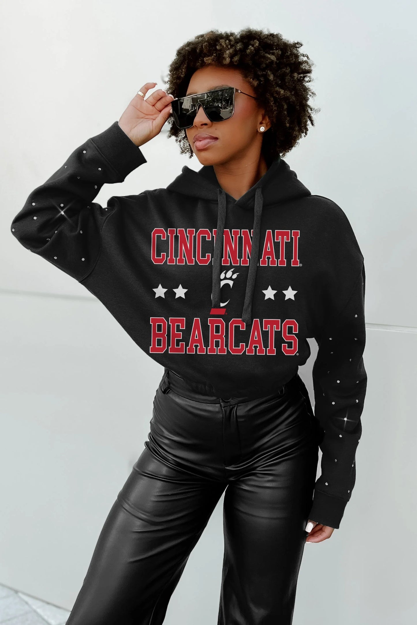 CINCINNATI BEARCATS SLEEVE SCRUNCH WAISTBAND HOODIE WITH RHINESTONE