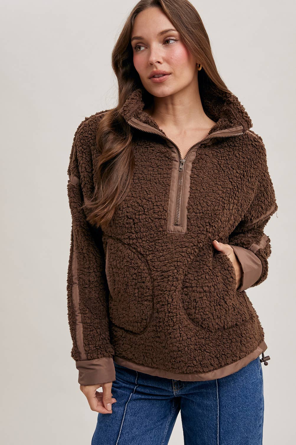 HALF ZIP CONTRAST SHERPA FLEECE TOP WITH POCKETS