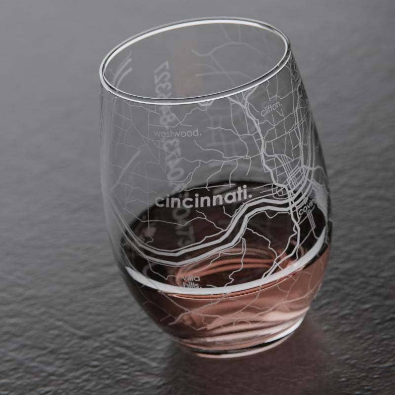 Cincinnati OH Map Stemless Wine Glass