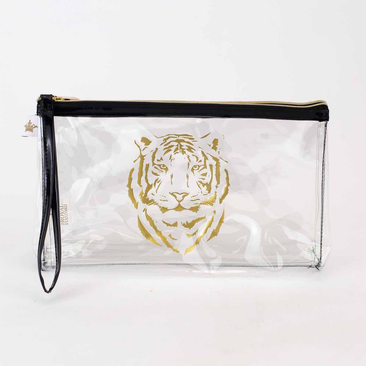 Tiger Clear Organizer Double Zip Pouch    Clear/Black/Gold   10x6x2