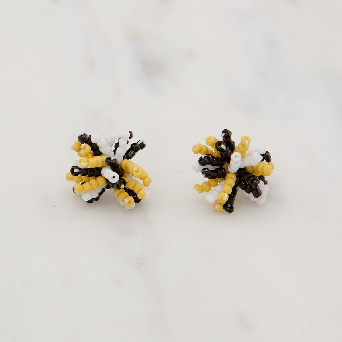 Pom Pom Stud Earrings Black/Yellow/White 1"