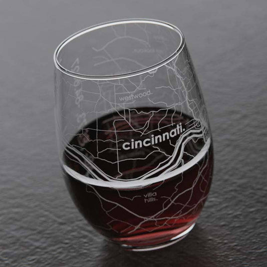 Cincinnati OH Map Stemless Wine Glass
